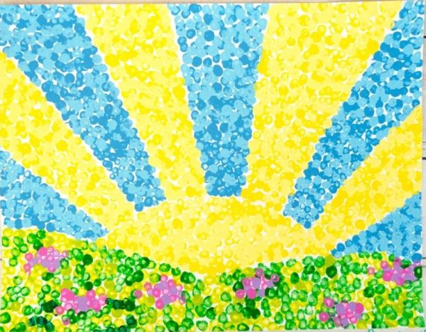 A dot painting of a large yellow sun shining on green hills. A dot painting of a large yellow sun shining on green hills.